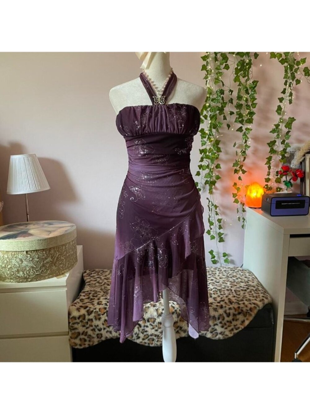 Vintage Y2K purple fairycore halter neck dress with sparkly floral details
